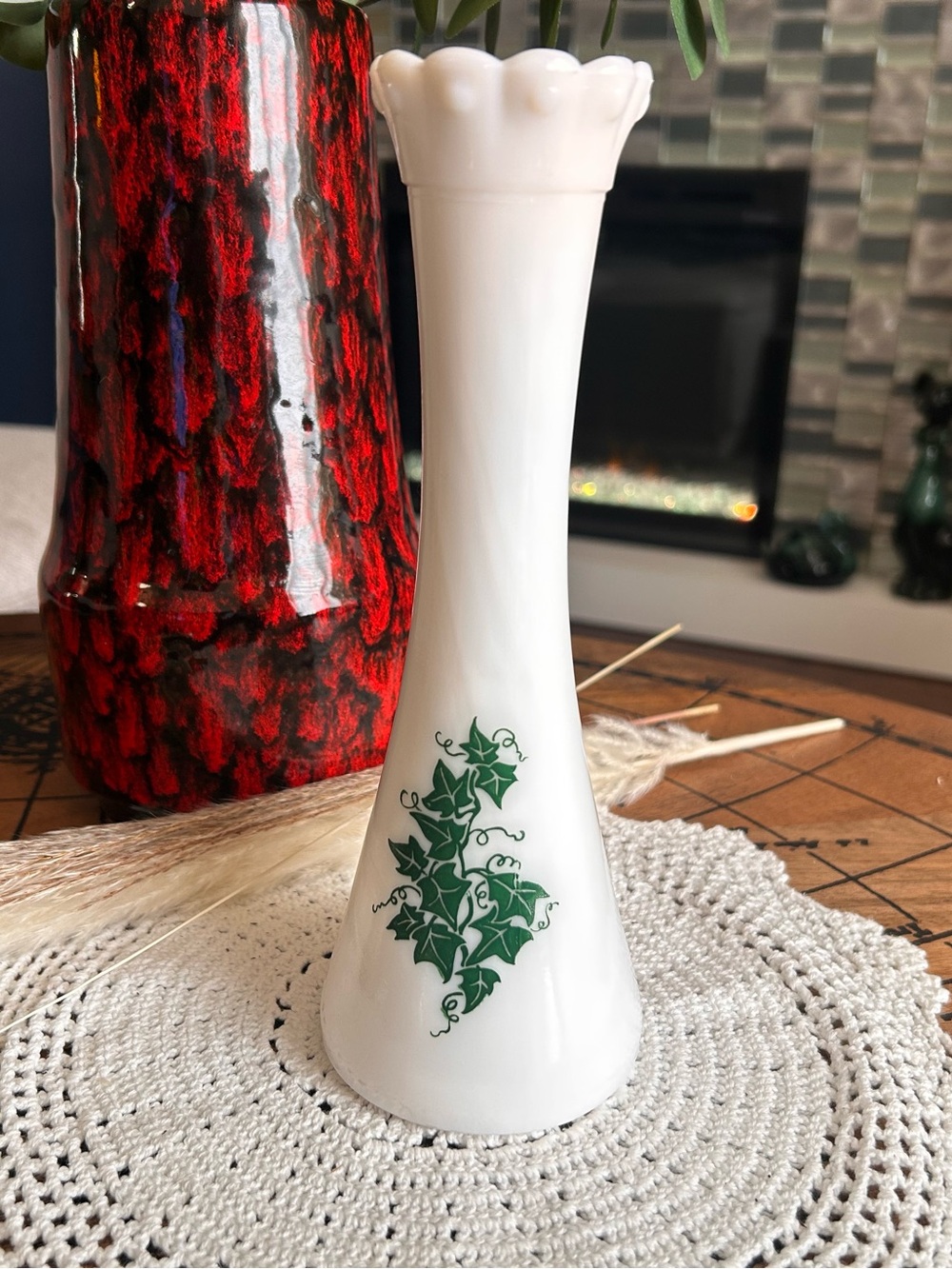 Vintage Hazel Atlas Milk Glass Ivy Bud Vase | 9” Scalloped Vase | MCM